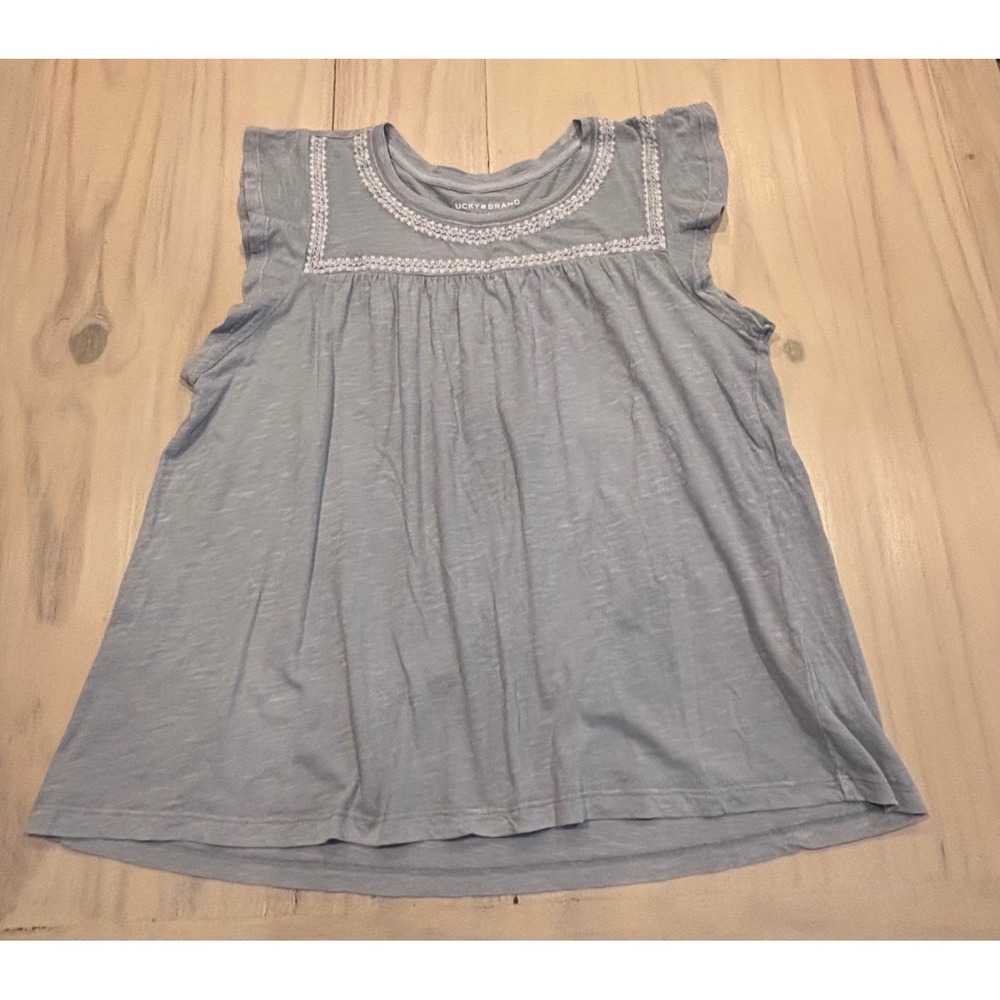 Lucky Brand Womens Blue Embroidered Cap Sleeve Cotton Top 7WP8333 SZ Large Boho - Picture 1 of 16